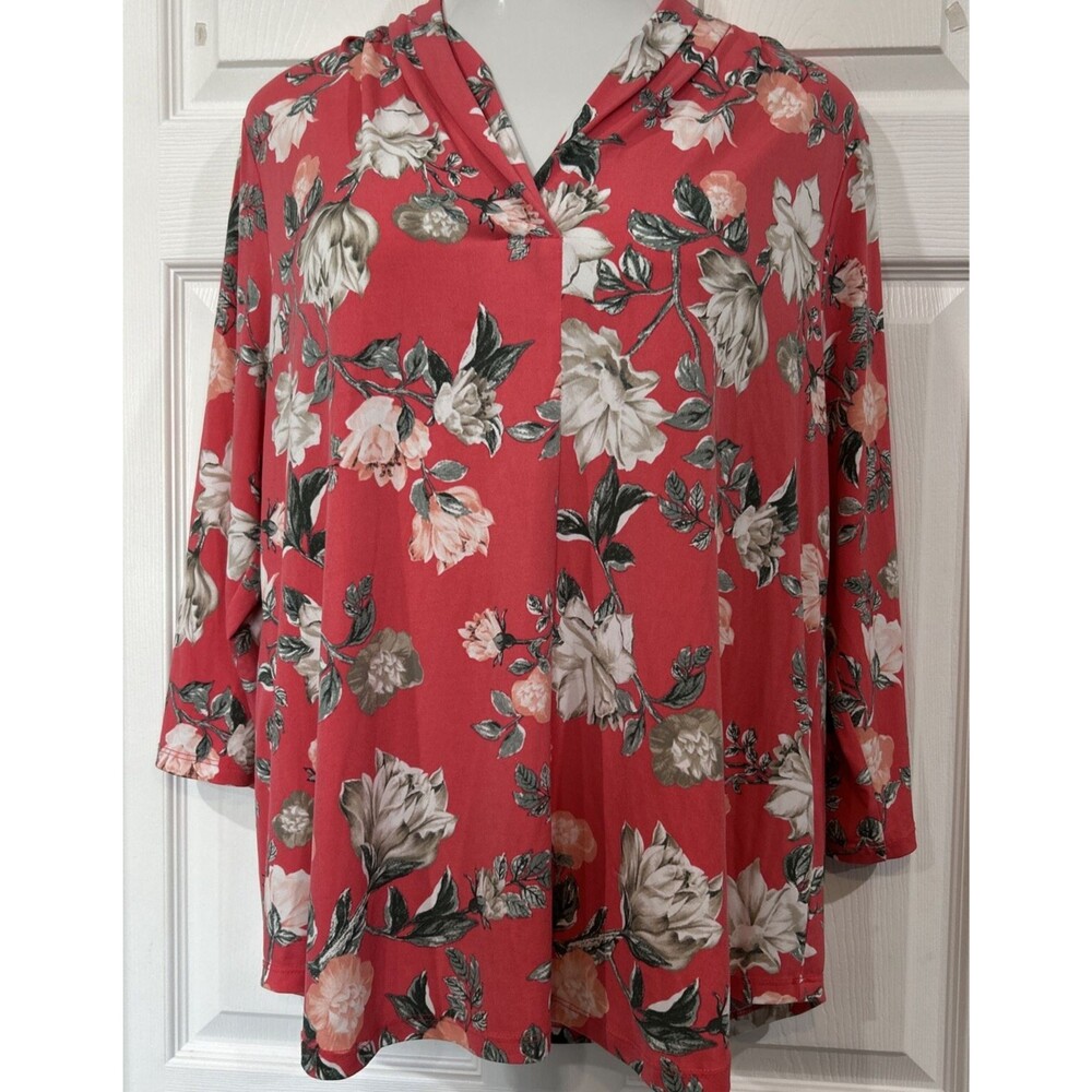 Charter Club Plus Size 1X Women Pink Tunic Top Floral V Neck Long Sleeve Blouse